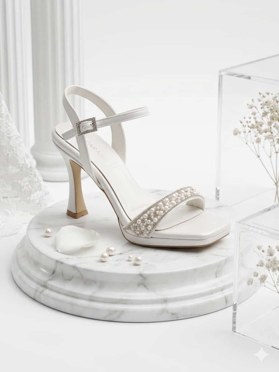White Bridal Sandal With Pearl Strap on a Marble Pedestal in a Bright Minimalist Setting — Nur's Collection In Rockdale, NSW