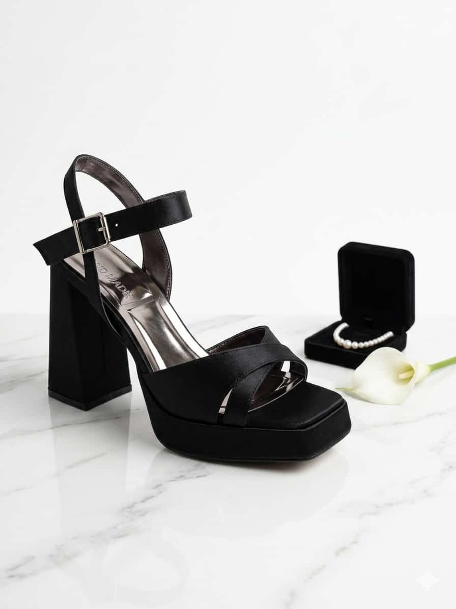 Black High-heeled Sandal With Ankle Strap Beside Matching Ring Box โ Nur's Collection In Rockdale, NSW