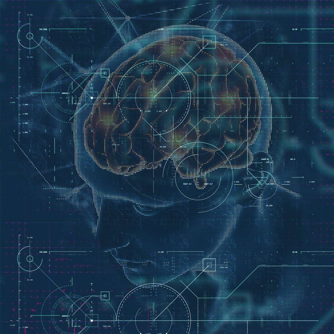 Ilustración digital de un cerebro con líneas neuronales brillantes y superposiciones de datos futuristas sobre un fondo azul.