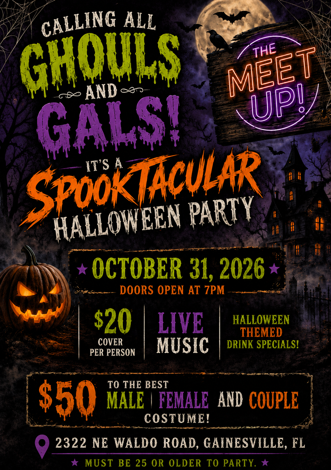Halloween party flyer with black and purple design, pumpkin, and event details for Oct. 31, 2026, in Gainesville