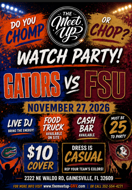 Gators vs FSU watch party flyer with live DJ, food truck, cash bar, $10 cover, Nov. 27, 2026