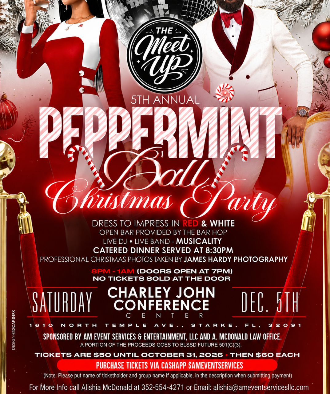 Peppermint Christmas Party poster in red and white with festive holiday décor and event details