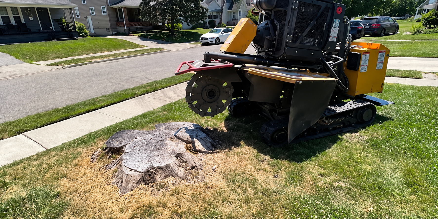 Yellow stump grinder beside a tree stump on a grassy suburban lawn Yellow stump grinder beside a tree stump on a grassy suburban lawn