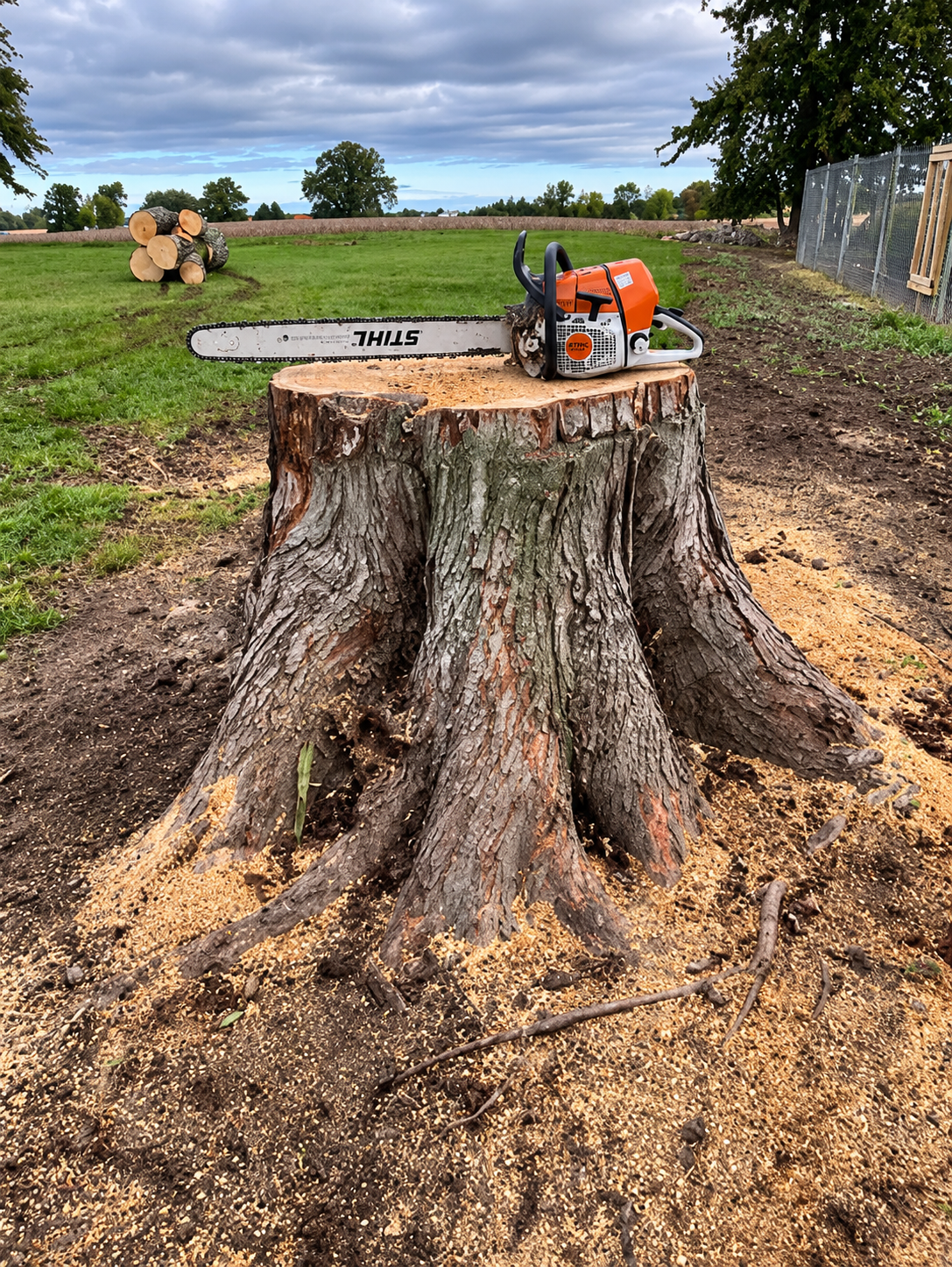 Chainsaw resting on a large tree stump in a muddy field under a cloudy sky. Chainsaw resting on a large tree stump in a muddy field under a cloudy sky.