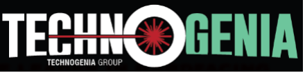 A technogena group logo with a red laser beam