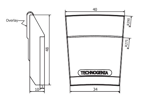 Diagram of a rectangular object with dimensions. It has rounded corners and the word