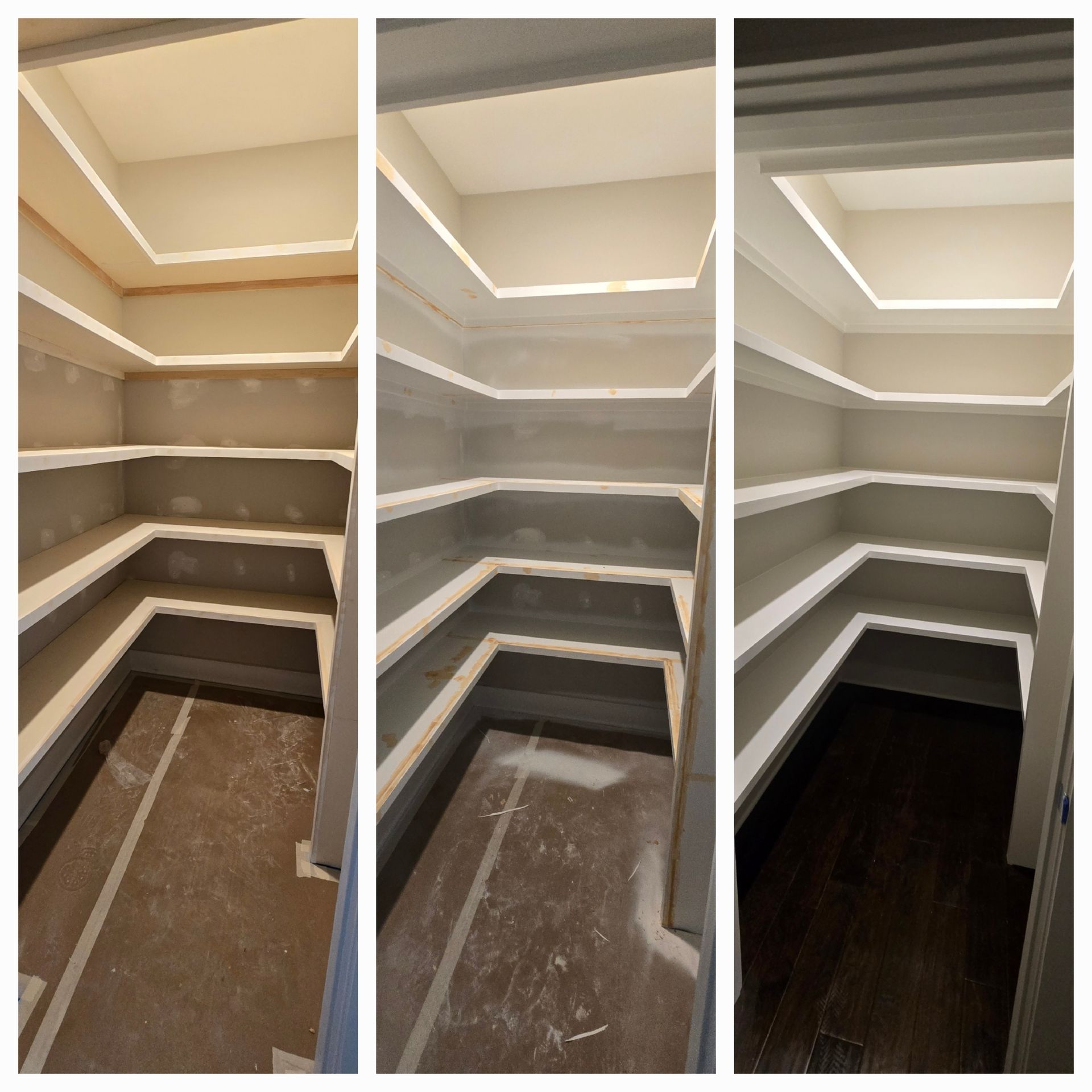 Three pictures of a pantry before and after being painted