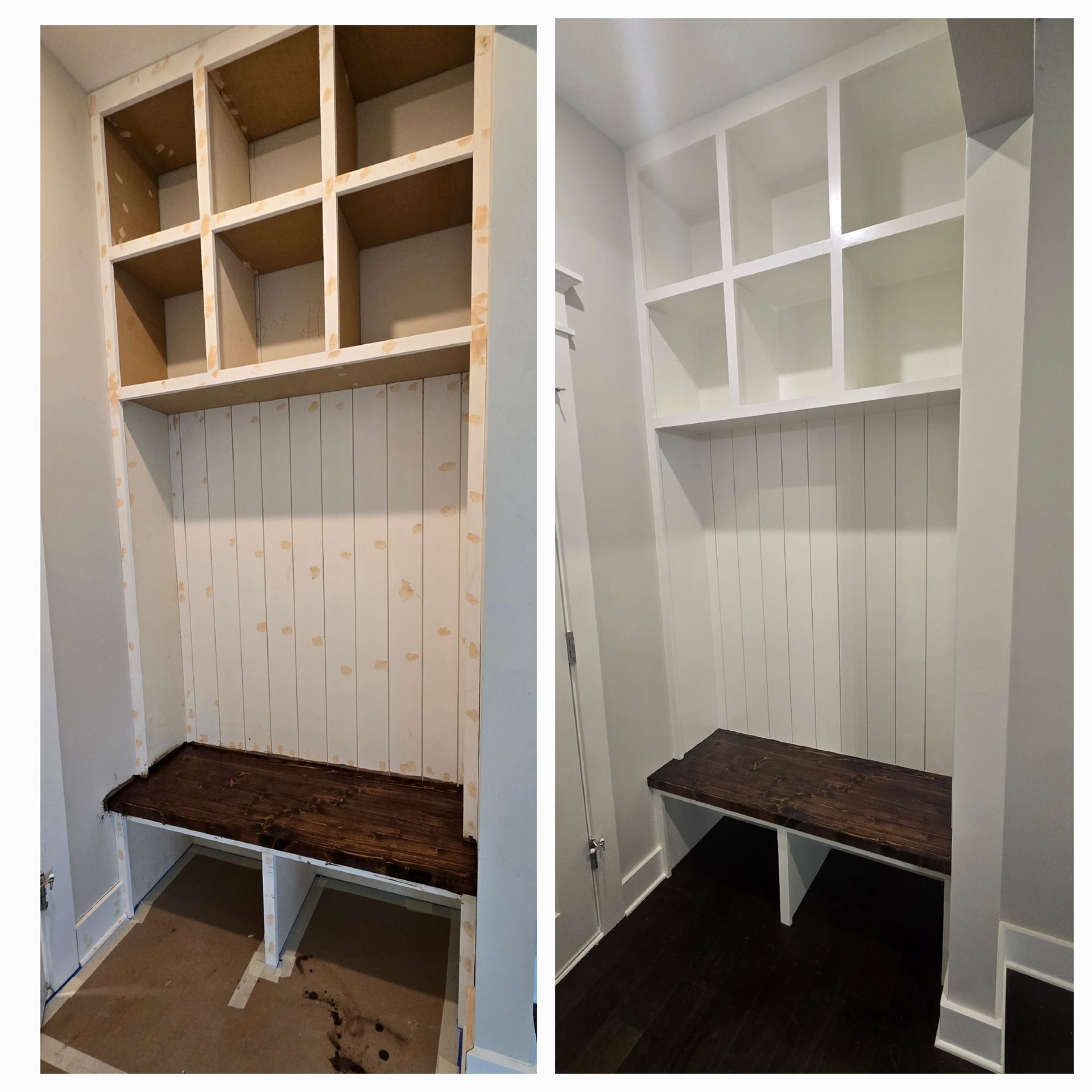 A before and after picture of a mud room with shelves and a bench.