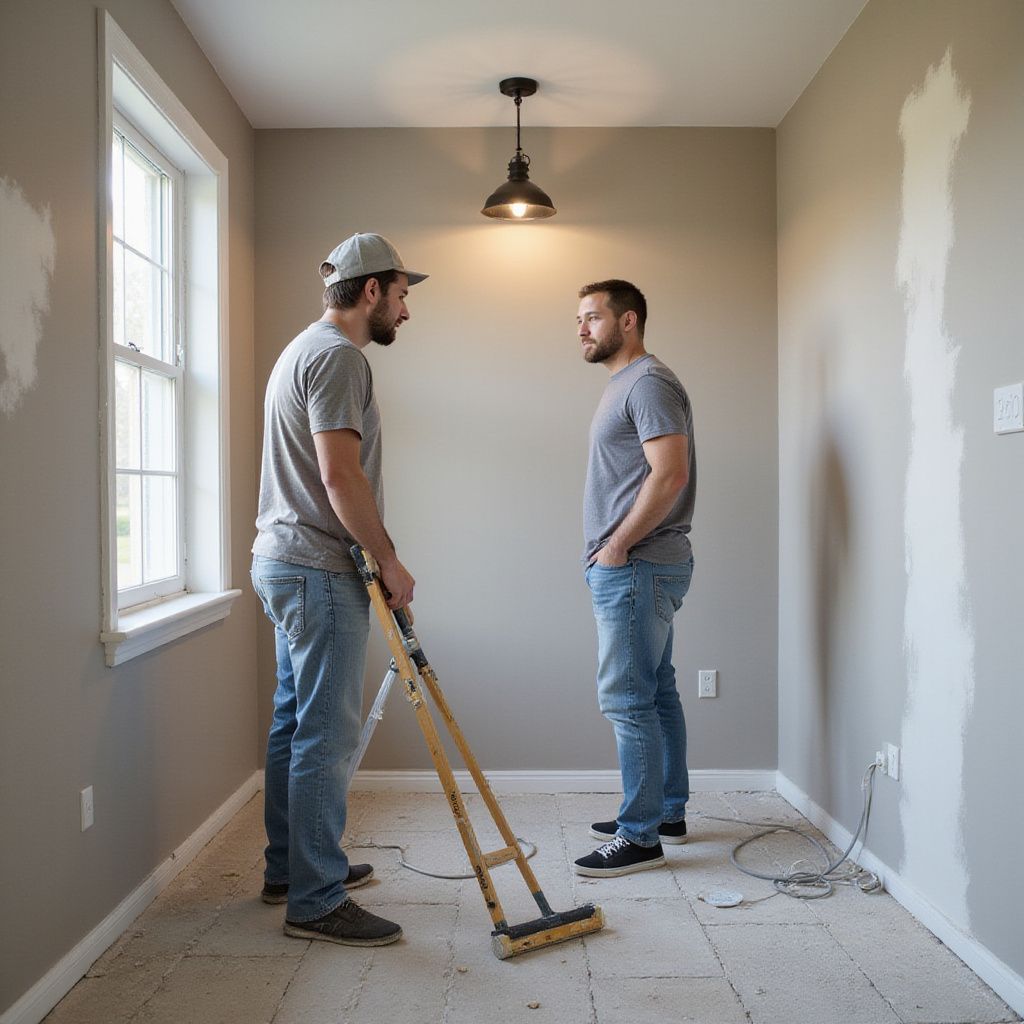 Two men in a room, one using a floor scraper. Gray walls, window, and a light fixture.