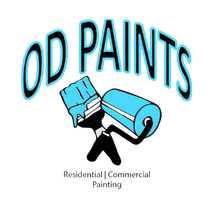 OD PAINTS logo with paintbrush and roller, teal paint, black handles, text reads 