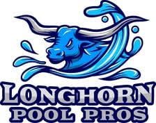 Blue longhorn bull emerging from water, with "Longhorn Pool Pros" text.
