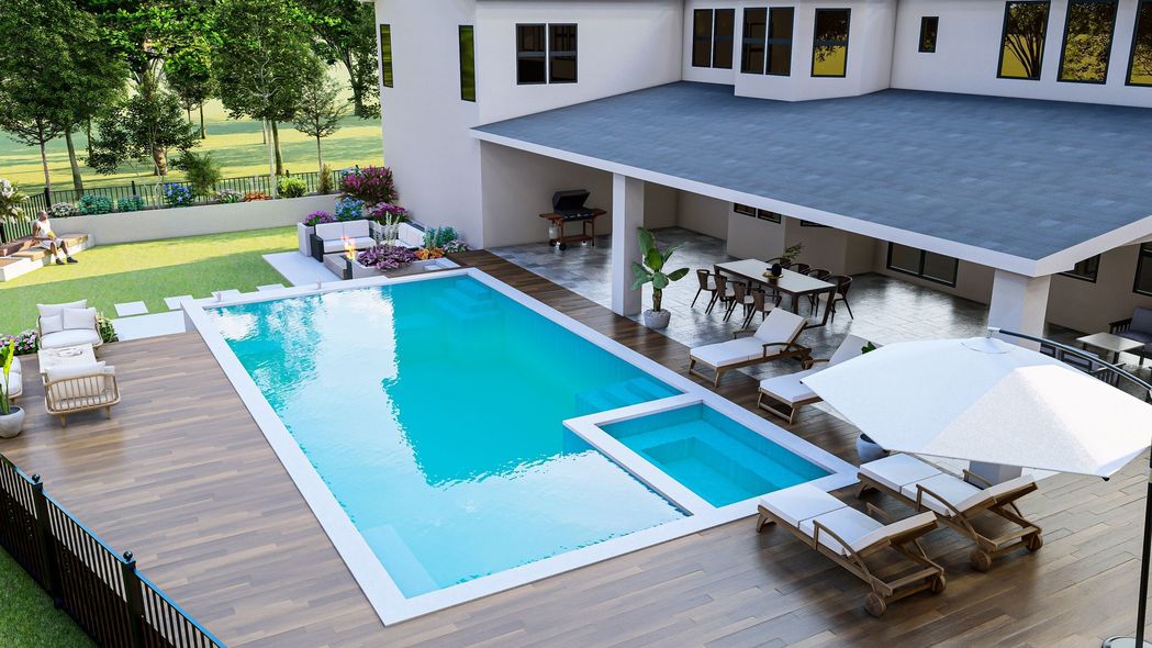 Backyard with pool, hot tub, and patio; house in background.