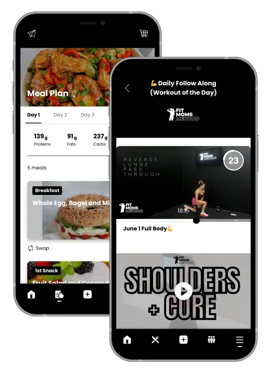 Two smartphones displaying a meal planning application with recipe photos, nutritional macros, ingredients, and instructions.