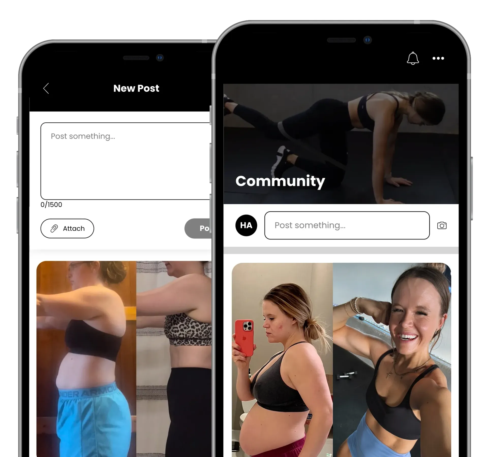 Two smartphone screens showing a fitness app's community feed and post creation interface, featuring transformation photos.