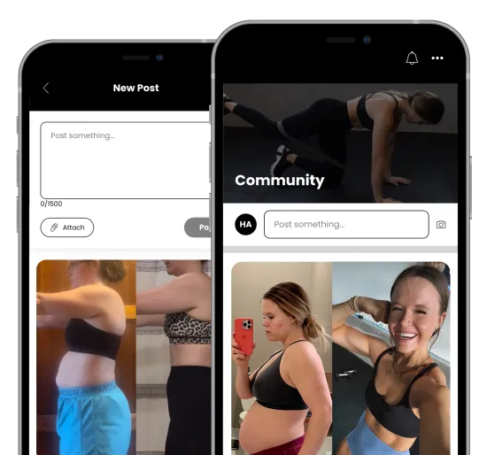 Two smartphone screens showing a fitness app's community feed and post creation interface, featuring transformation photos.