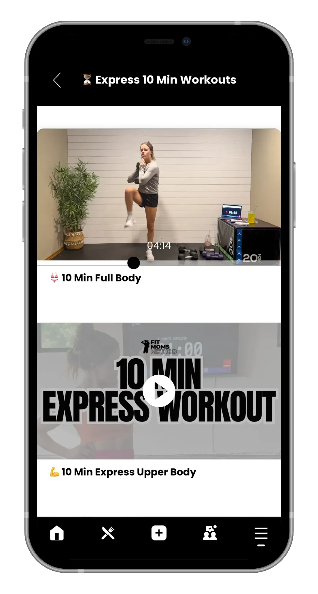 Mobile app interface showing a list of recipes with photos, titles, and nutritional information.