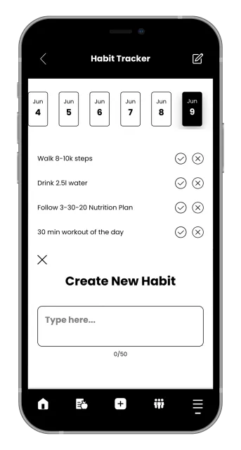 A smartphone app interface showing a "Create New Habit" screen with a date selector, existing habit list, and input field.
