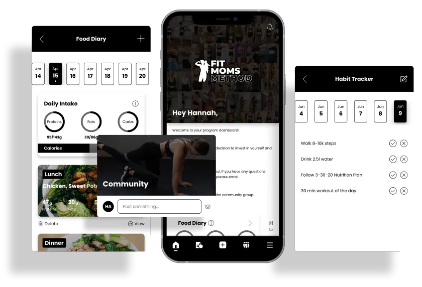 Three mobile app interface screens showing a fitness and nutrition tracker with a diary, a main feed, and a workout planner.