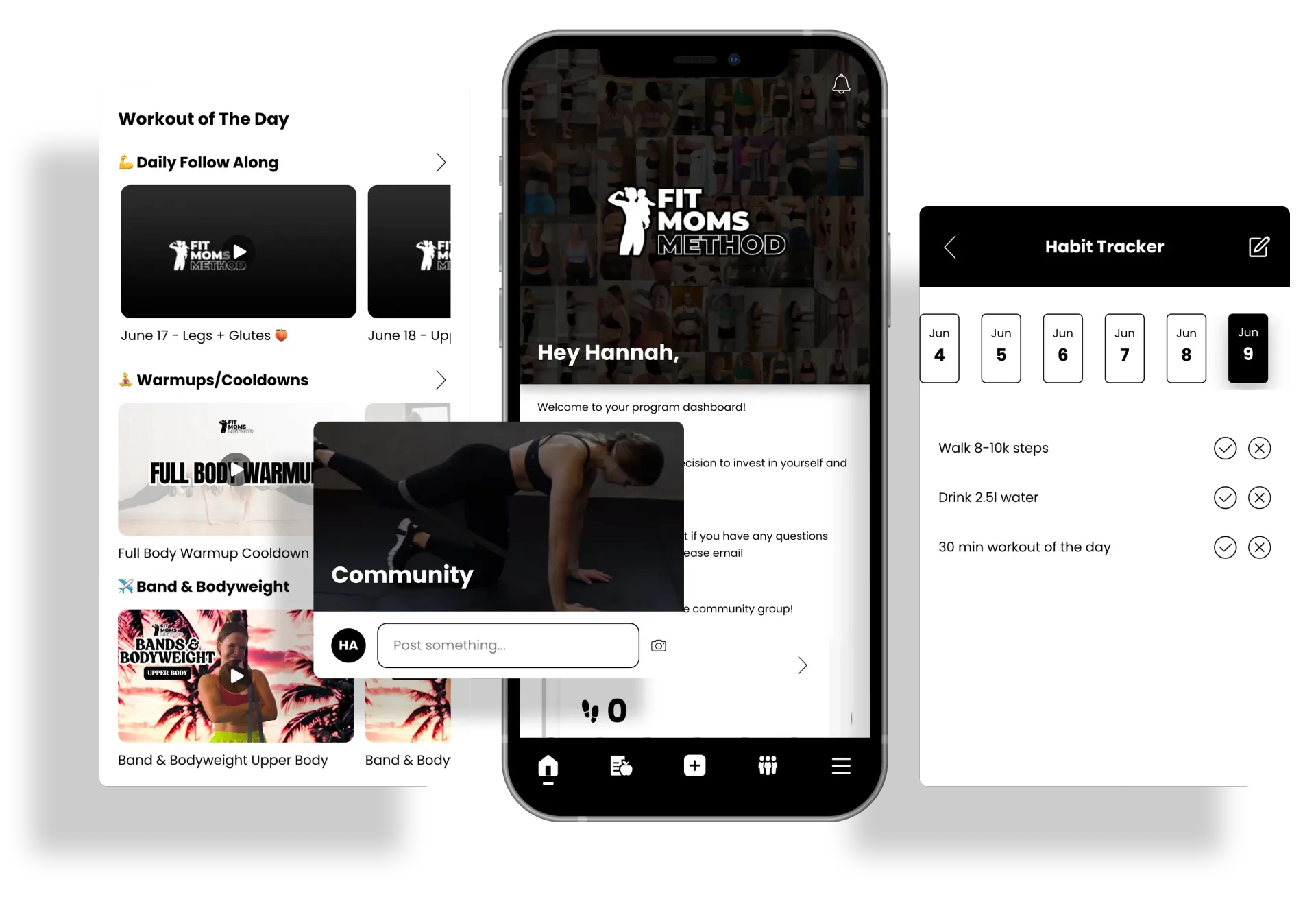 Three mobile app interface screens showing a fitness and nutrition tracker with a diary, a main feed, and a workout planner.