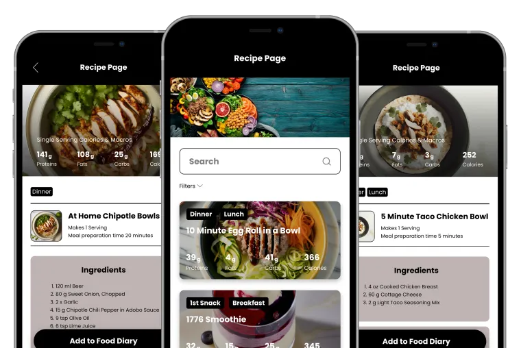 Two smartphone screens showing a fitness app's community feed and post creation interface, featuring transformation photos.
