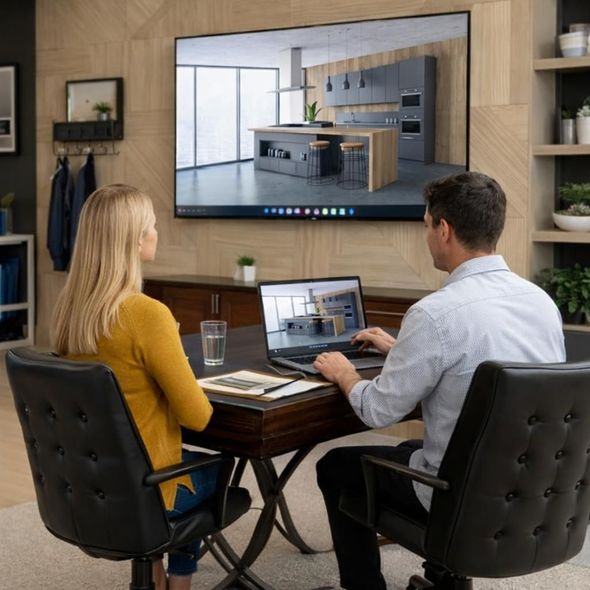 A man showing a woman a demonstration of cabinetry with 3D Visualization technology