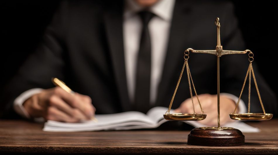 Lawyer signing documents beside a brass scales of justice on a desk Lawyer signing documents beside a brass scales of justice on a desk