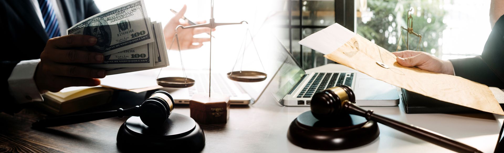 Lawyer’s desk with gavel, legal papers, and laptop in a bright office Lawyer’s desk with gavel, legal papers, and laptop in a bright office