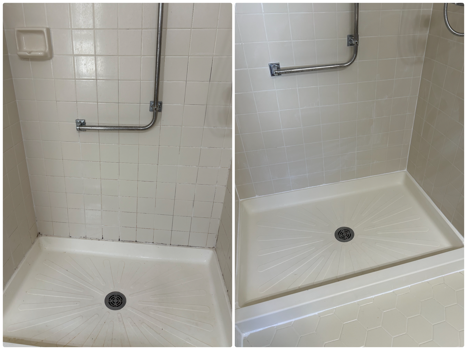 A person wearing yellow gloves is cleaning a tiled wall with a sponge and spray bottle.