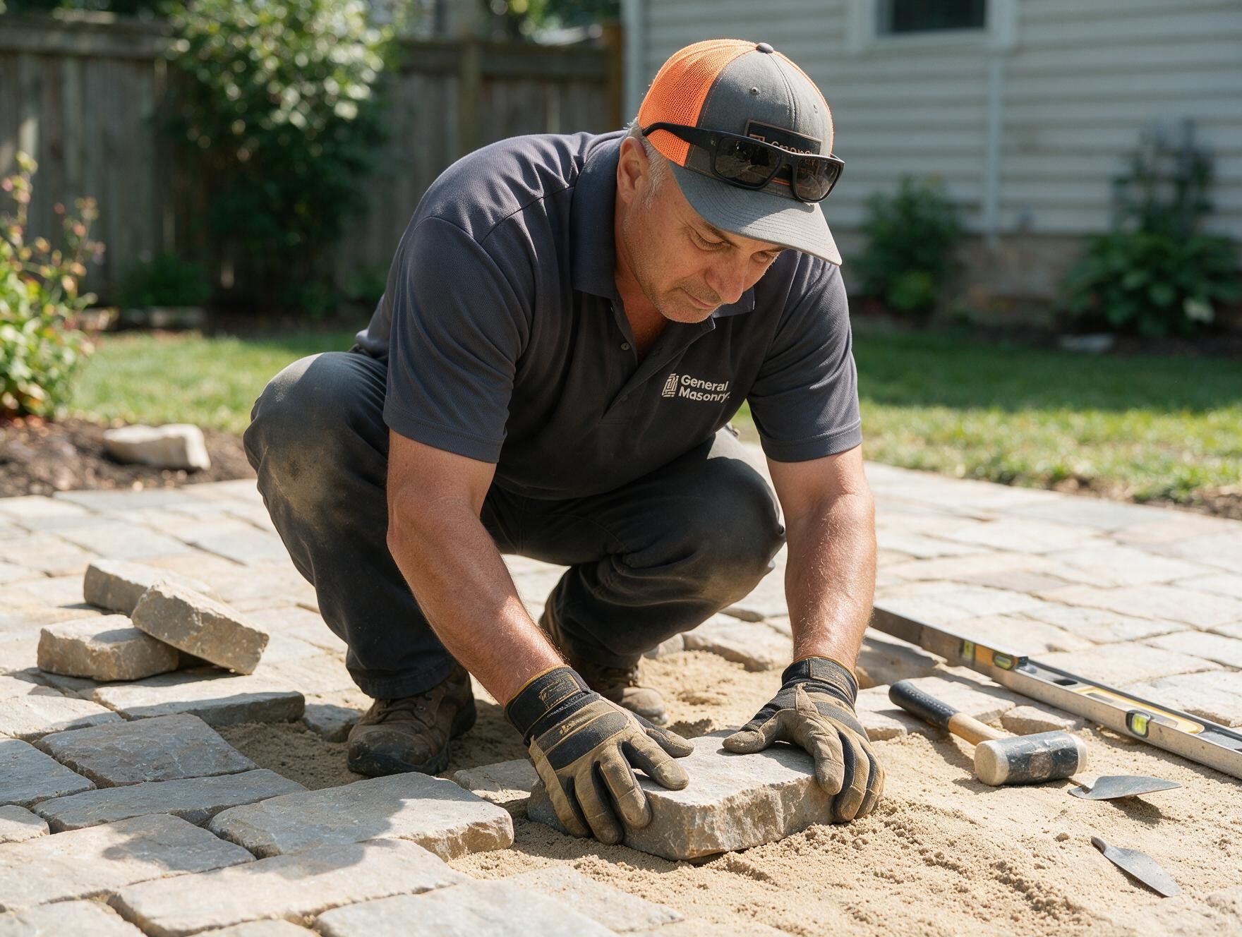 Worker in a cap and gloves kneeling on a stone patio, fitting paving blocks in bright sunlight.