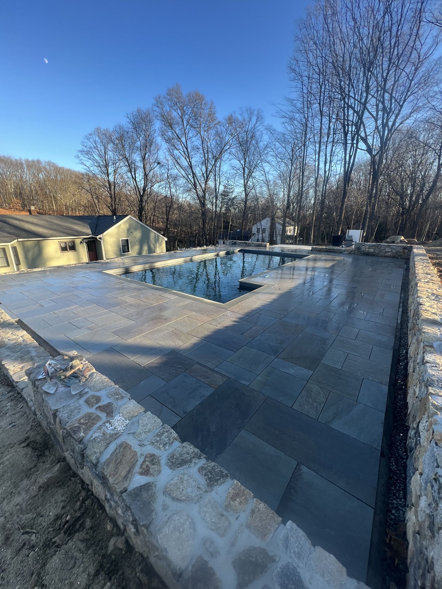 outdoor pool with dark water, stone deck, and leafless trees under a clear blue sky