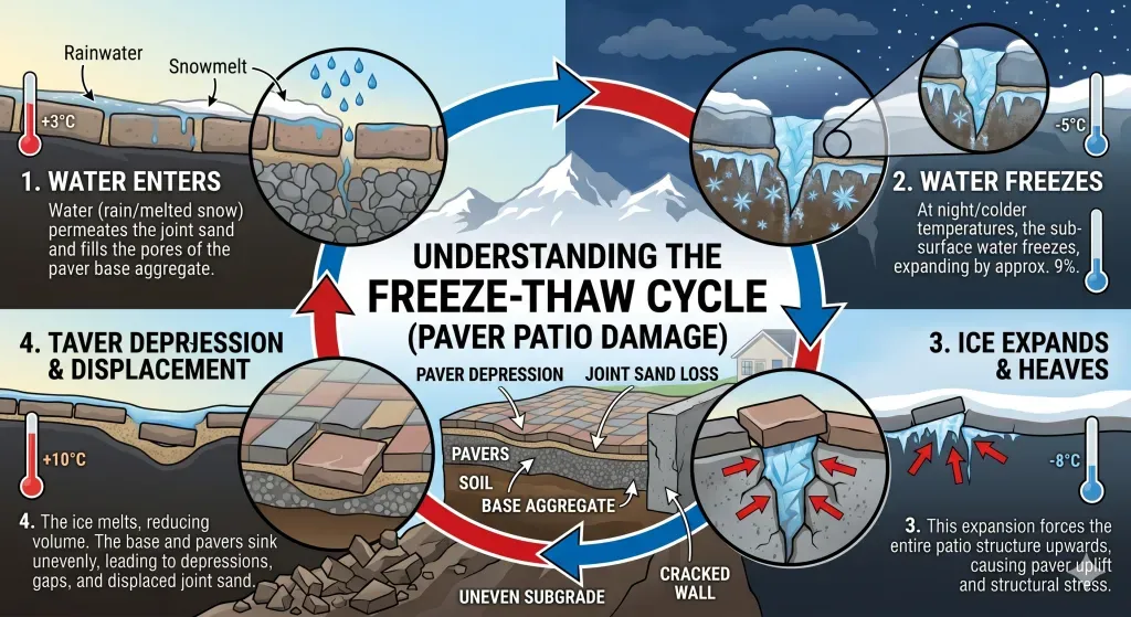 Infographic showing the freeze-thaw cycle causing pavement damage, with cracks, water, ice, and heaving.