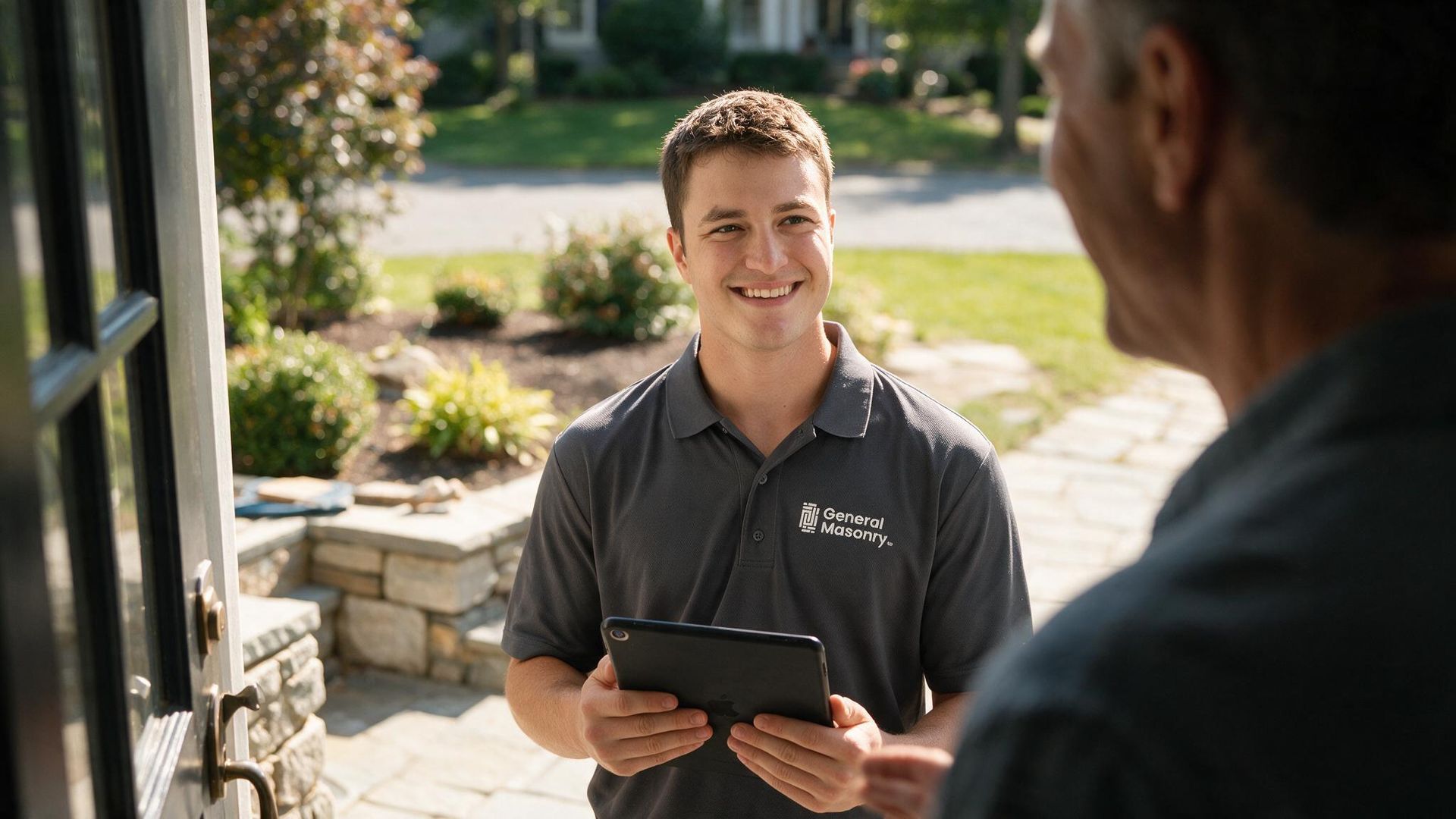 Smiling General Masonry worker holding a tablet at a front door, speaking to a homeowner at the front door.