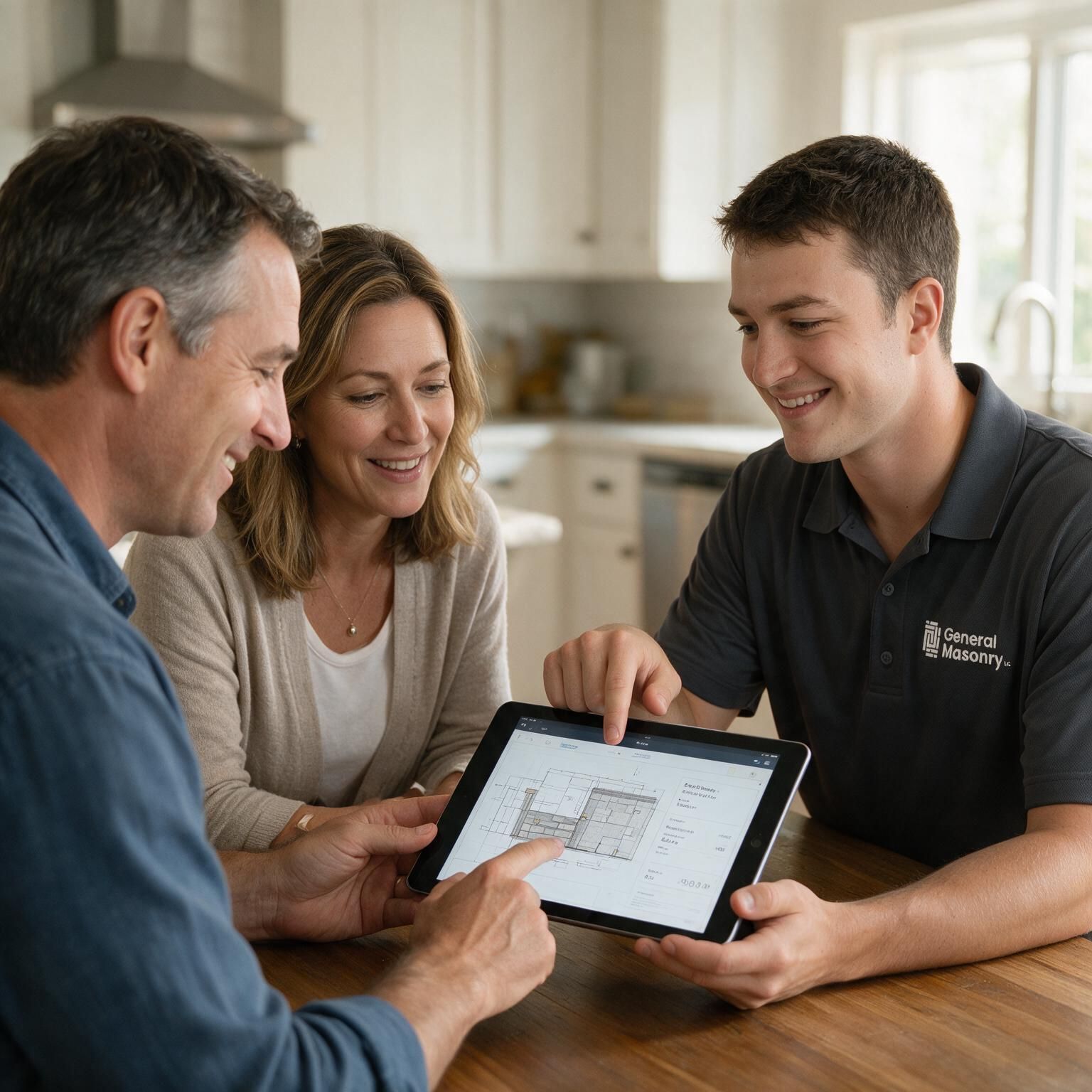 Three people reviewing an iPad estimate on a tablet in a bright kitchen