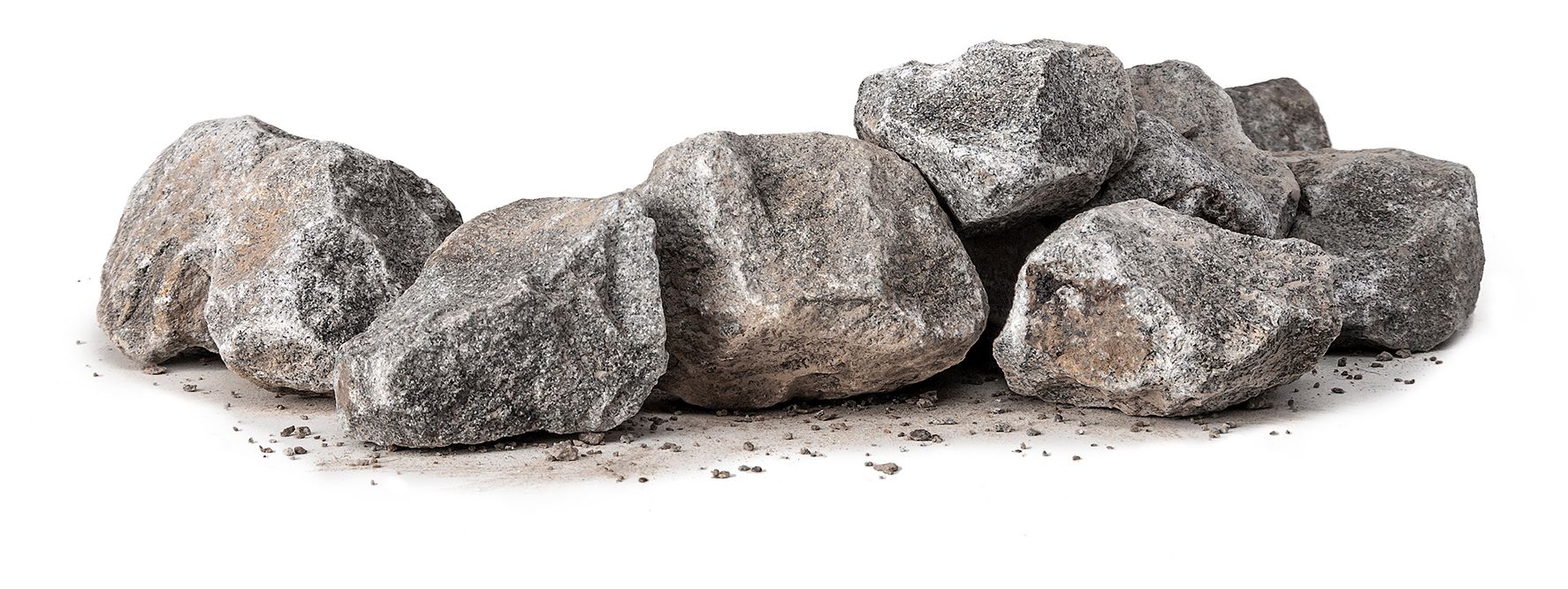Pile of gray and white rocks on a white background