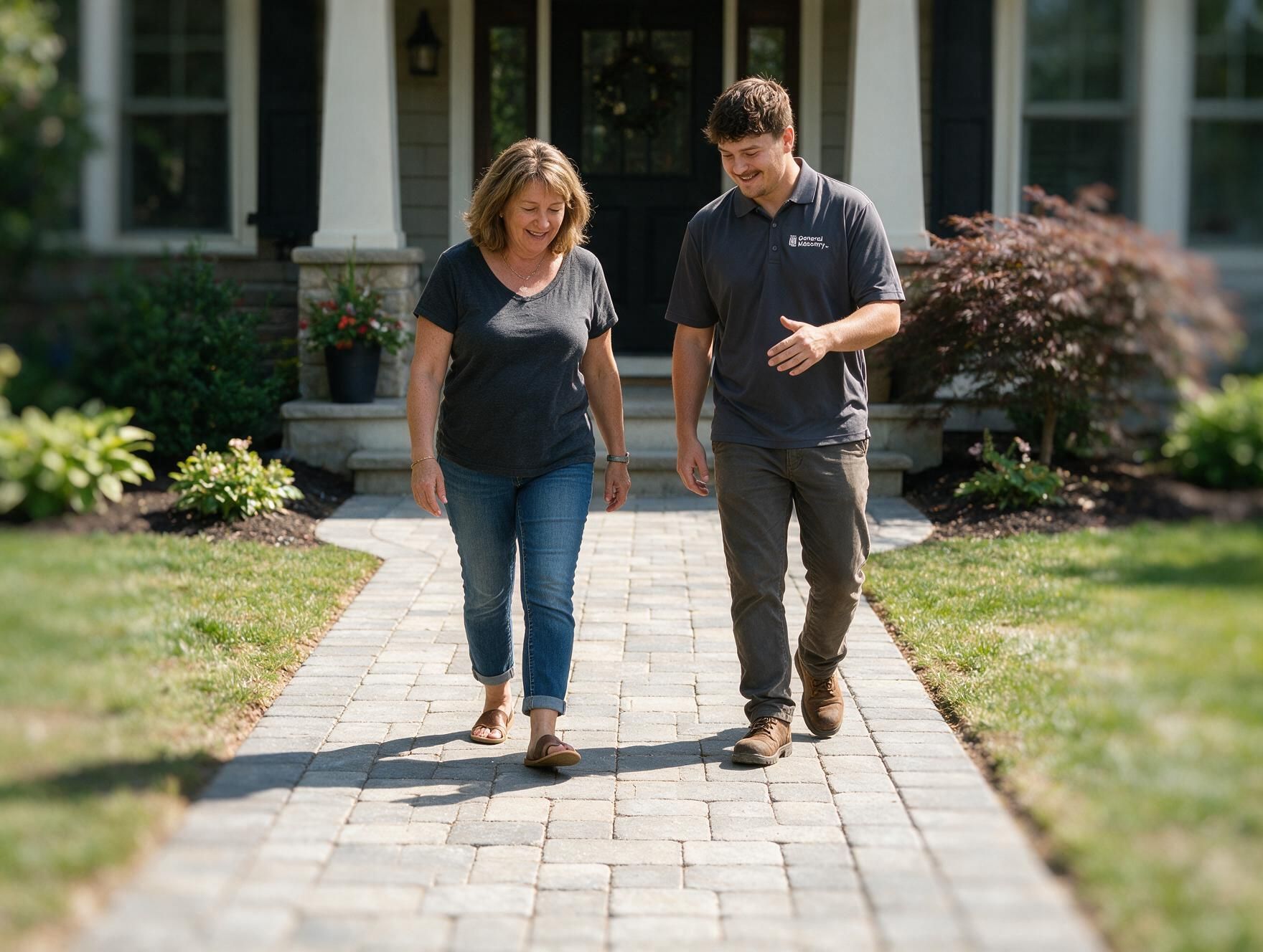 Two people walking on a stone path in front of a house