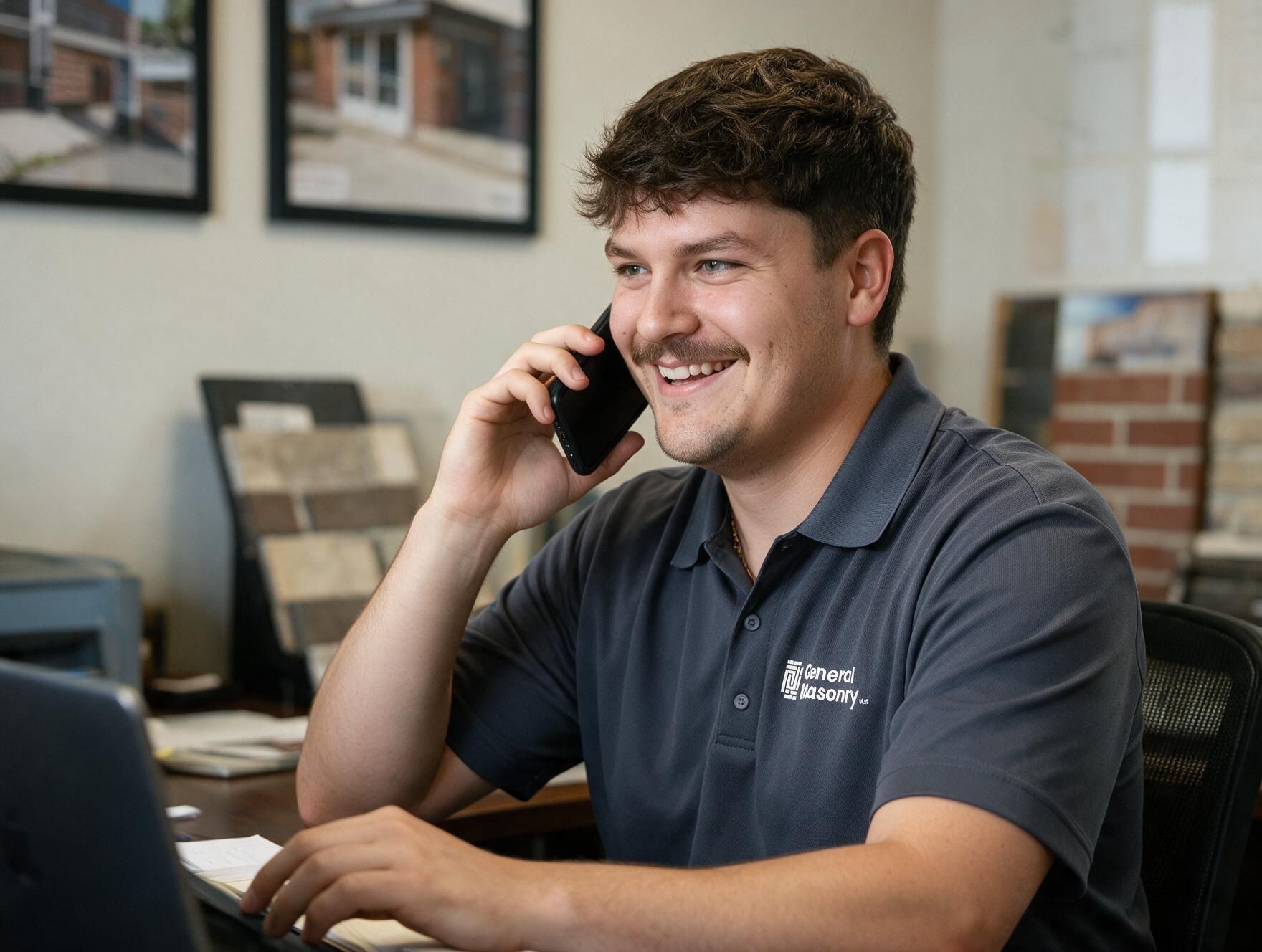 Man smiling on a phone call at a desk with a laptop in an office