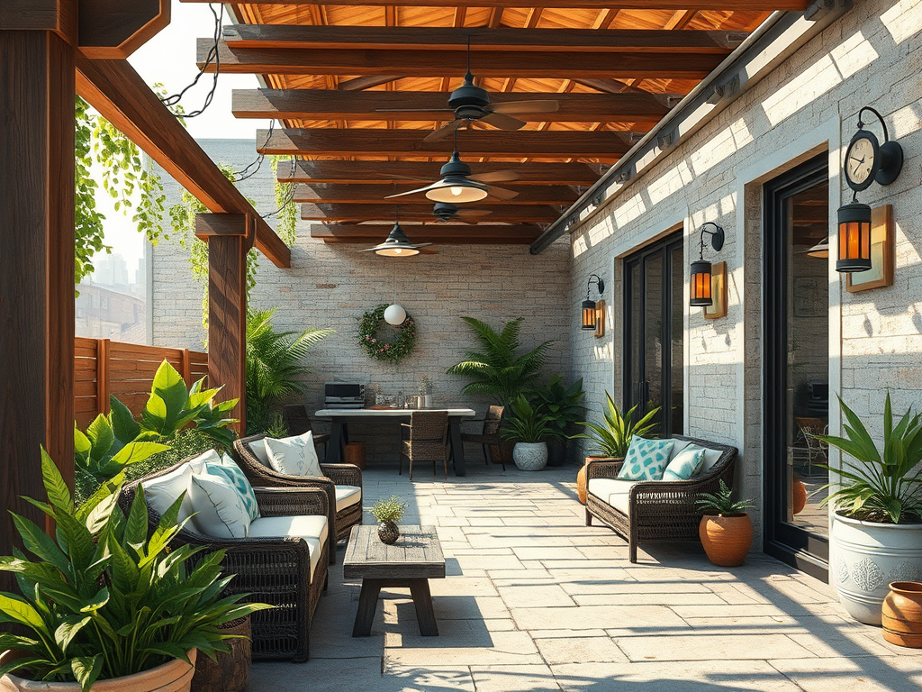 Sunlit patio with wicker seating, potted plants, and a wooden pergola over stone flooring