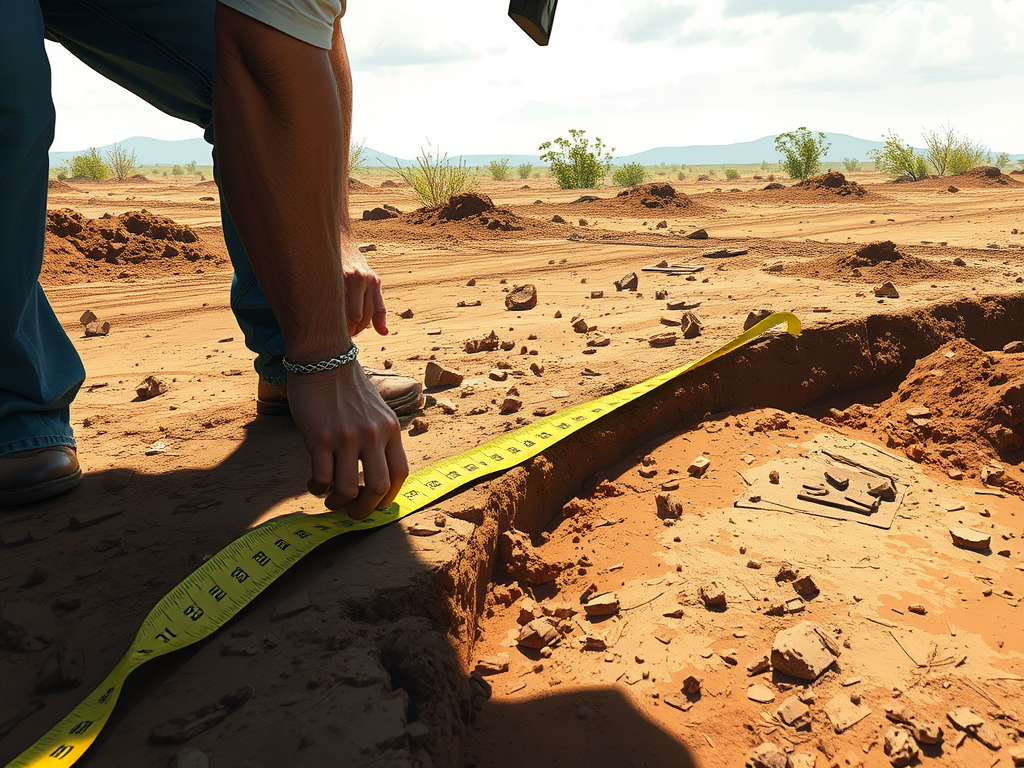 Person measuring soil with a yellow tape measure in a dry, reddish dirt field