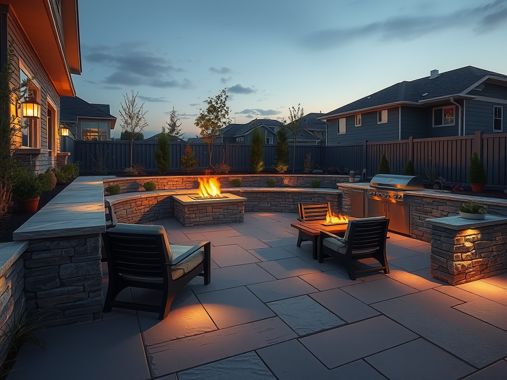 Modern backyard patio at dusk with a fire pit, outdoor seating, and warm landscape lighting