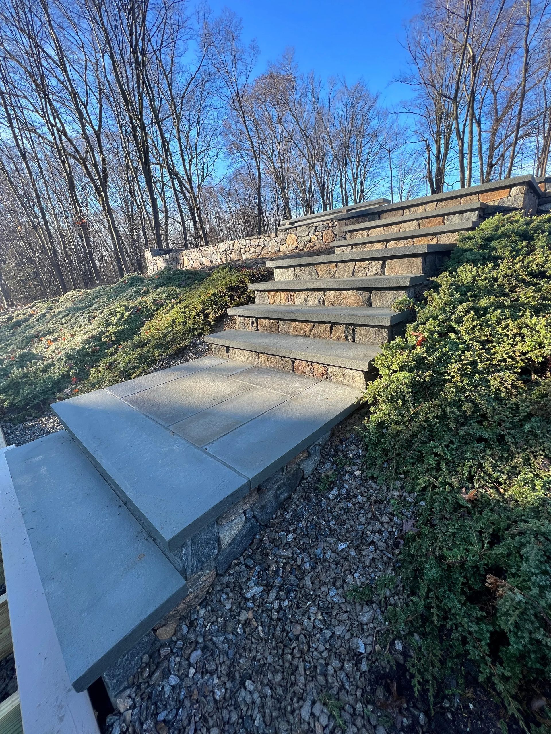 Concrete and wooden outdoor stairs on a grassy slope under leafless trees and a blue sky