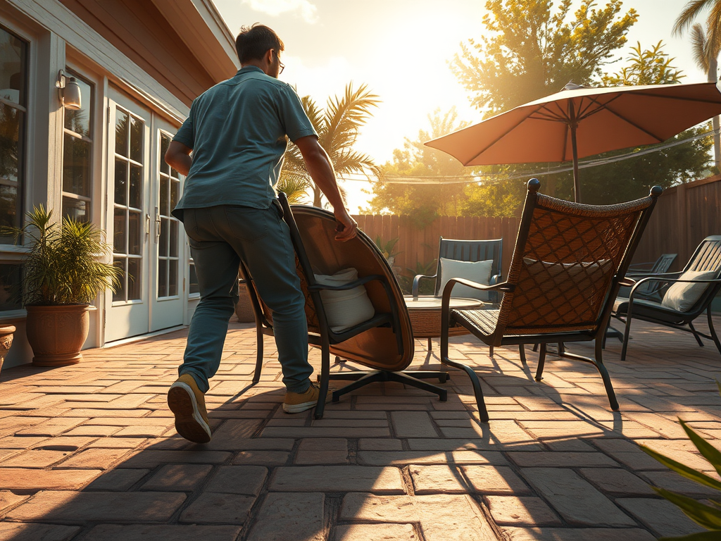 Person moving a wicker chair across a sunlit patio beside a house and umbrella table
