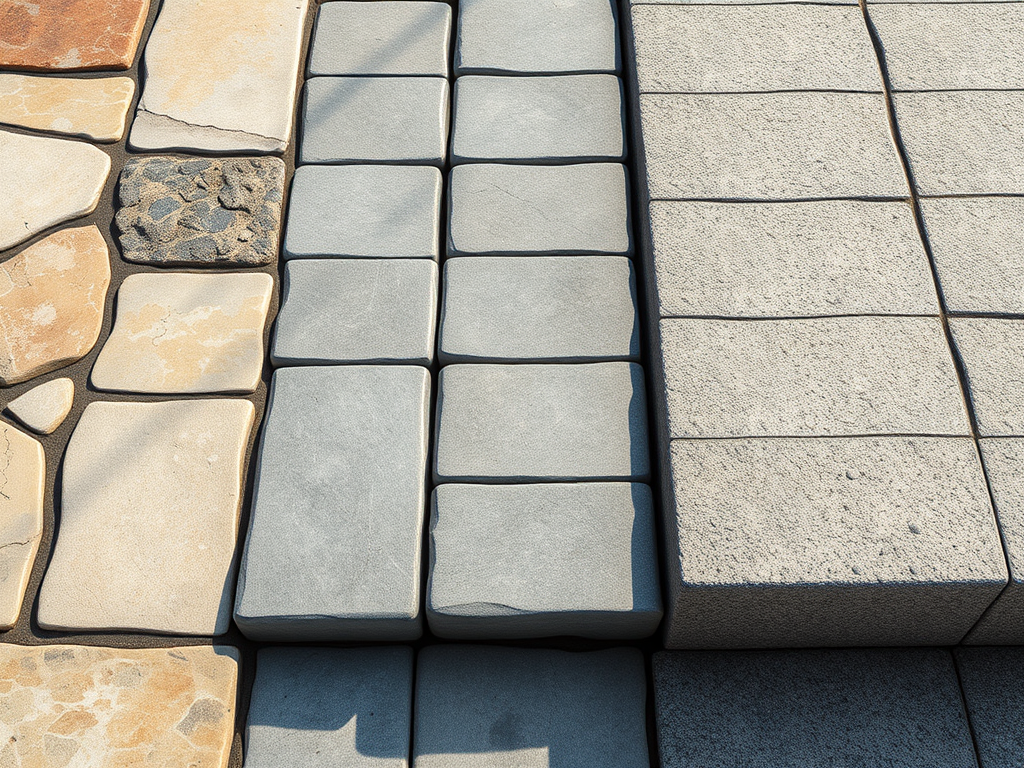 Stacked paving stones in gray and beige, showing different walkway textures and finishes.