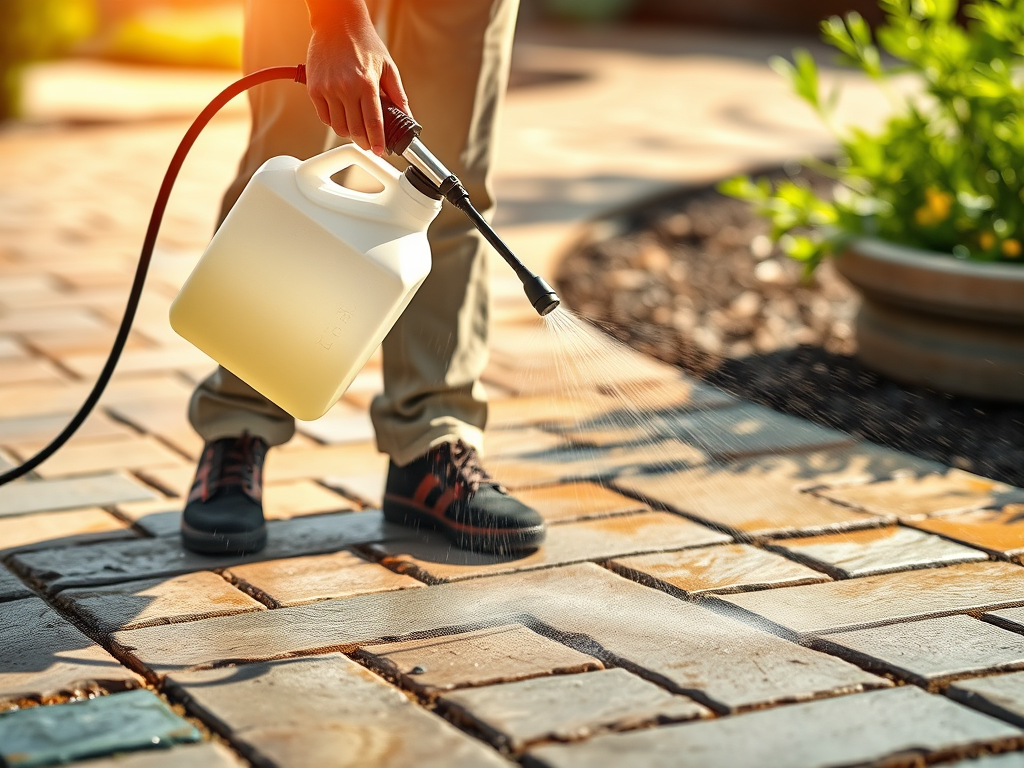 Person pressure-washing a stone patio with a spray nozzle and detergent container