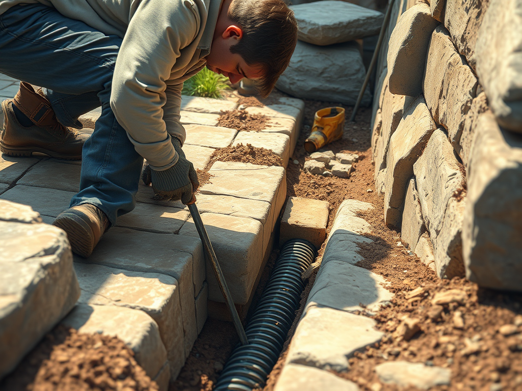 Worker laying stone pavers beside a trench with black corrugated pipe outdoors