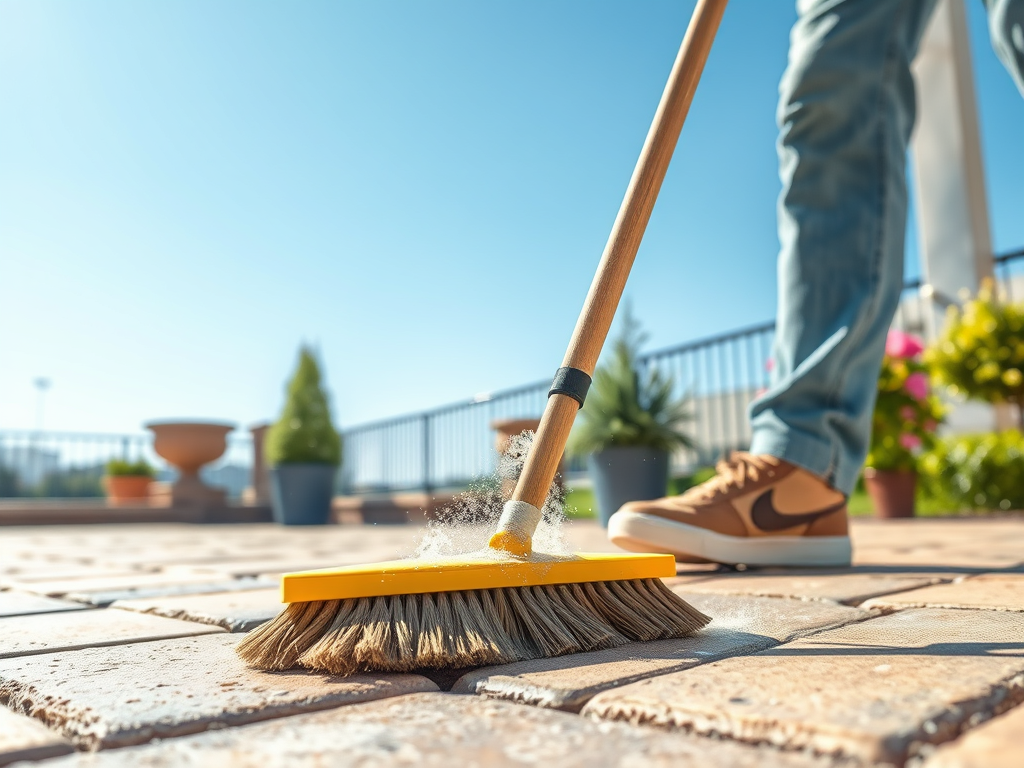 Broom sweeping sunlit patio tiles beside a person’s shoes and lower legs