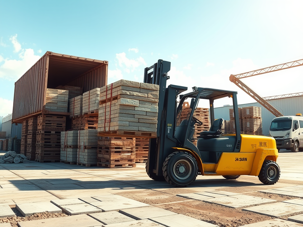 Yellow forklift moving stacked lumber in a lumberyard beside a truck trailer