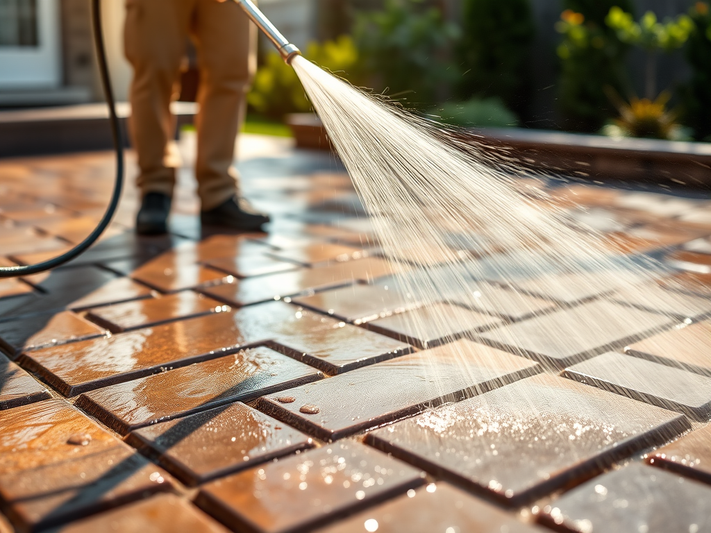 Person pressure-washing a brick patio with a hose in sunlight