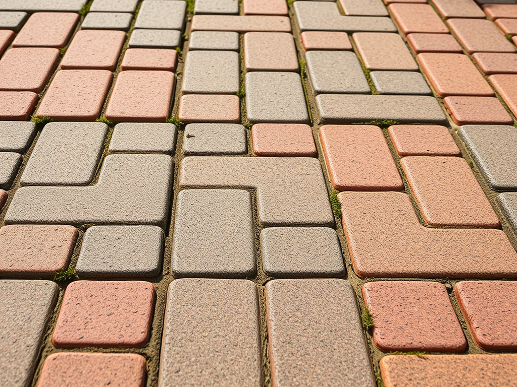 Close-up of interlocking pink, beige, and gray paving stones in a brick walkway pattern