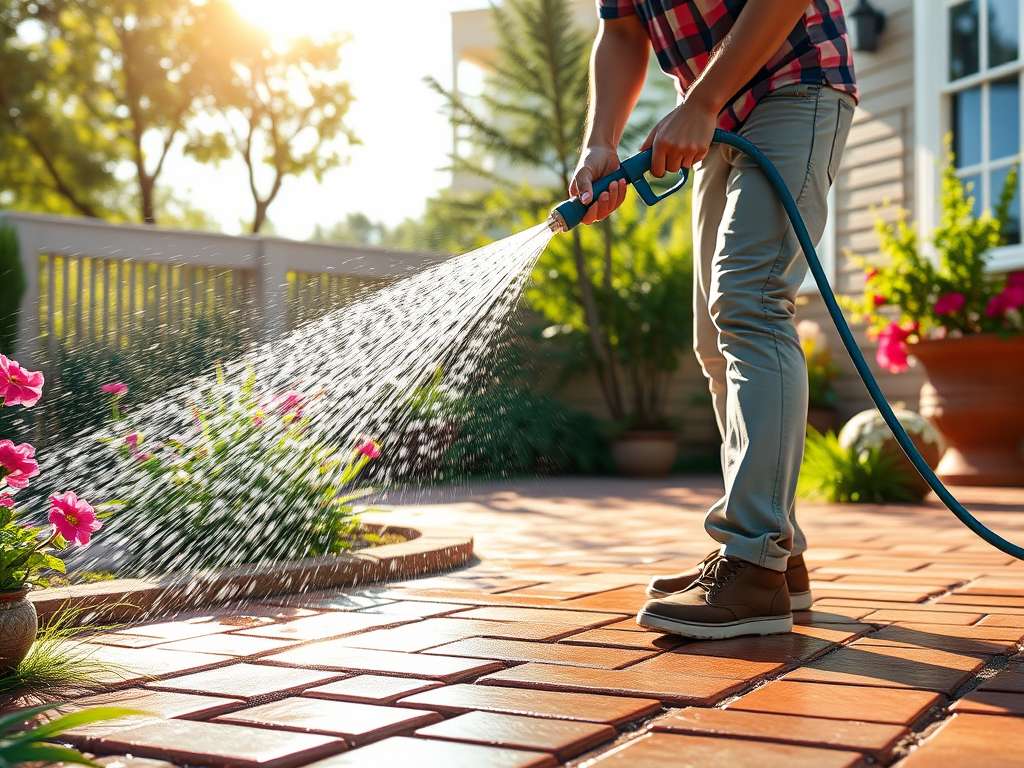 Person watering a garden with a hose on a sunny patio, spraying flowers and brick paving.