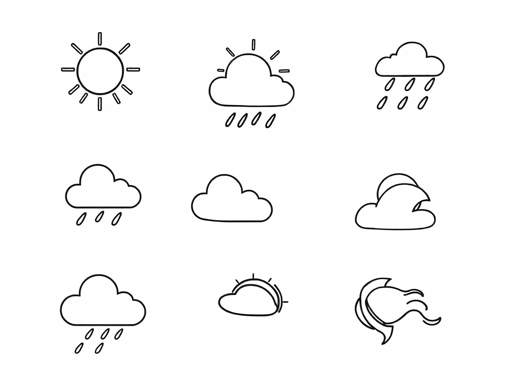 Weather icons showing sun, cloud, rain, and partly cloudy conditions